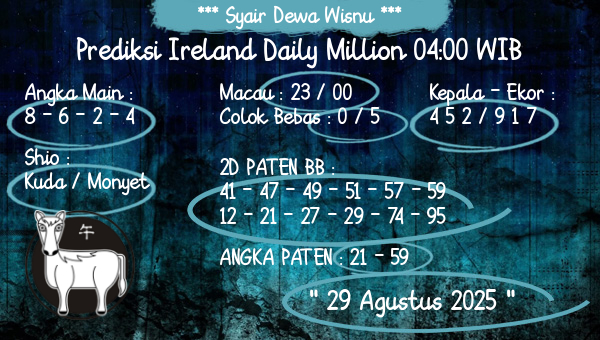 Syair Dewa Wisnu - Prediksi Ireland Daily Million 04:00 WIB