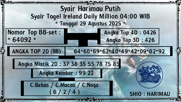 Syair Harimau Putih - Syair Togel Ireland Daily Million 04:00 WIB