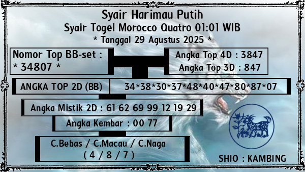 Syair Harimau Putih - Syair Togel Morocco Quatro 01:01 WIB