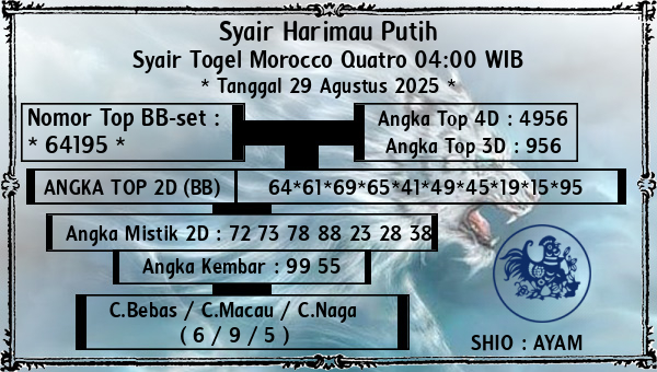 Syair Harimau Putih - Syair Togel Morocco Quatro 04:00 WIB