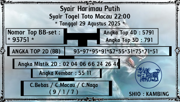Syair Harimau Putih - Syair Togel Toto Macau 22:00