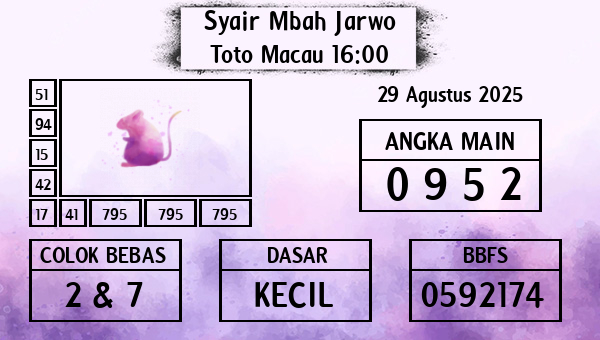 Syair Mbah Jarwo - Toto Macau 16:00