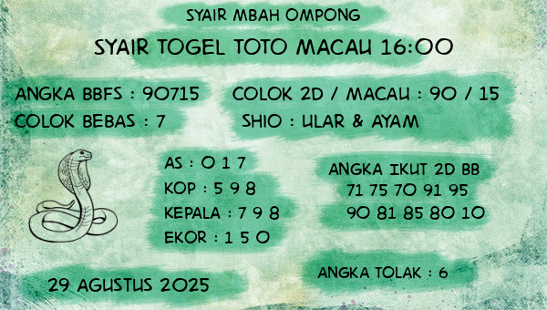 Syair Mbah Ompong - Syair Togel Toto Macau 16:00