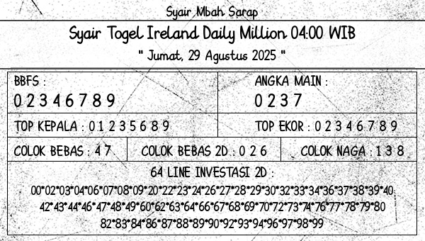 Syair Mbah Sarap - Syair Togel Ireland Daily Million 04:00 WIB