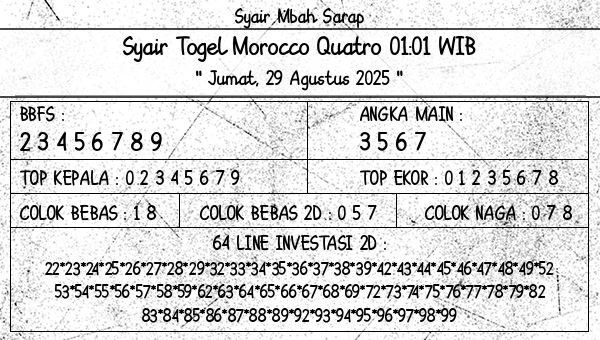 Syair Mbah Sarap - Syair Togel Morocco Quatro 01:01 WIB
