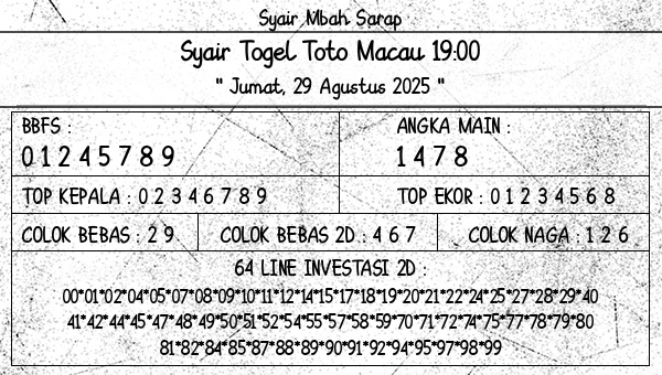 Syair Mbah Sarap - Syair Togel Toto Macau 19:00