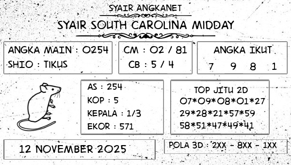 SYAIR ANGKANET - Syair South Carolina Midday