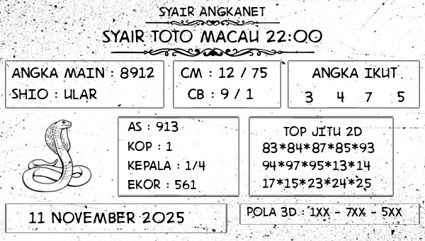SYAIR ANGKANET - Syair Toto Macau 22:00