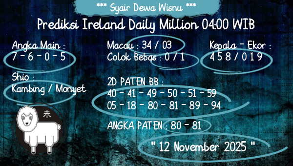 Syair Dewa Wisnu - Prediksi Ireland Daily Million 04:00 WIB