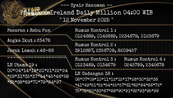 --- Syair Hanoman -- - Prediksi Ireland Daily Million 04:00 WIB