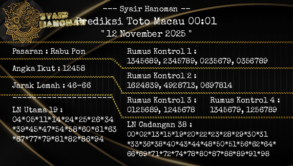 --- Syair Hanoman -- - Prediksi Toto Macau 00:01