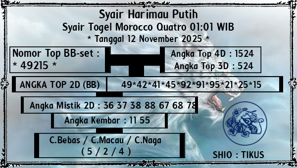 Syair Harimau Putih - Syair Togel Morocco Quatro 01:01 WIB