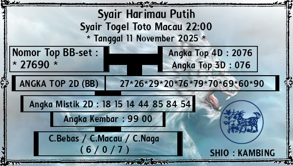 Syair Harimau Putih - Syair Togel Toto Macau 22:00
