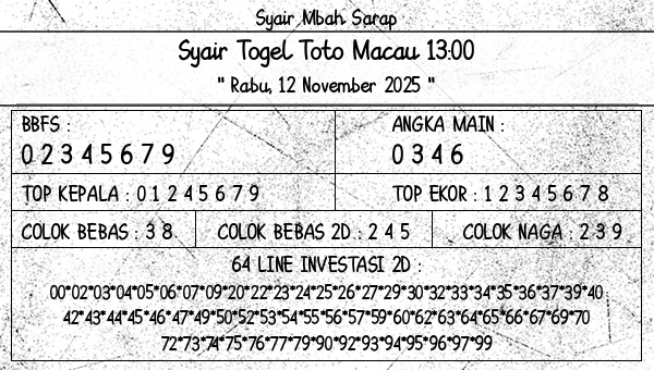 Syair Mbah Sarap - Syair Togel Toto Macau 13:00