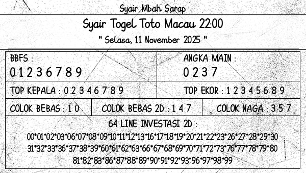 Syair Mbah Sarap - Syair Togel Toto Macau 22:00