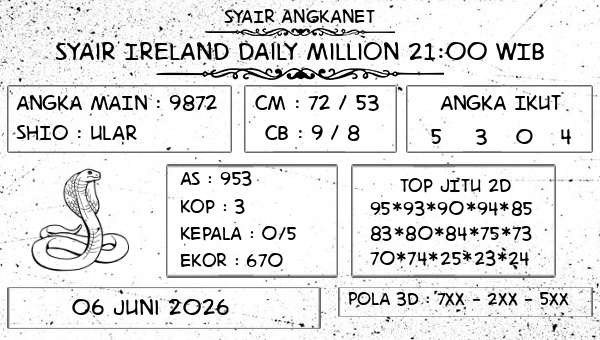 SYAIR ANGKANET - Syair Ireland Daily Million 21:00 WIB