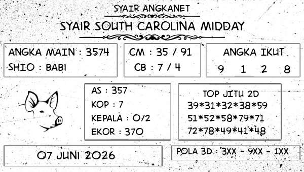 SYAIR ANGKANET - Syair South Carolina Midday