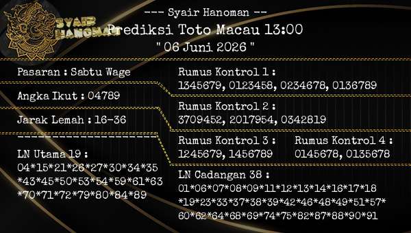 --- Syair Hanoman -- - Prediksi Toto Macau 13:00