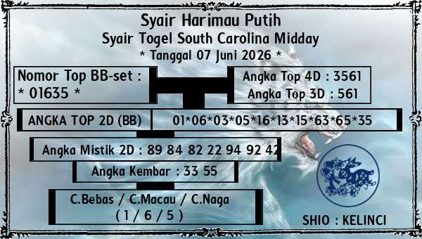 Syair Harimau Putih - Syair Togel South Carolina Midday