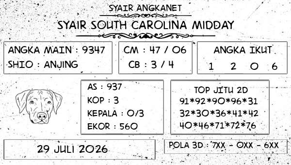 SYAIR ANGKANET - Syair South Carolina Midday