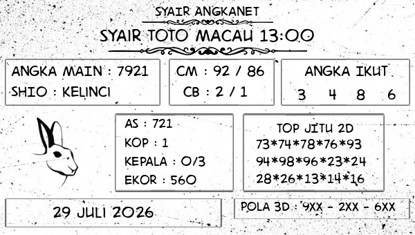 SYAIR ANGKANET - Syair Toto Macau 13:00