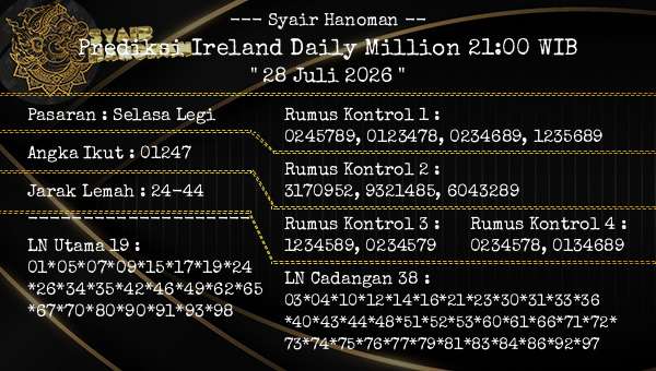 --- Syair Hanoman -- - Prediksi Ireland Daily Million 21:00 WIB