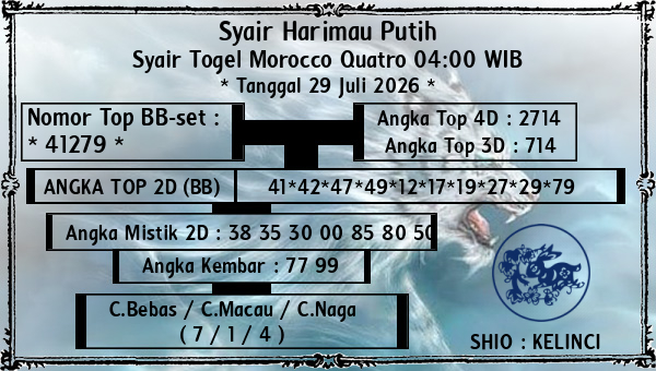 Syair Harimau Putih - Syair Togel Morocco Quatro 04:00 WIB