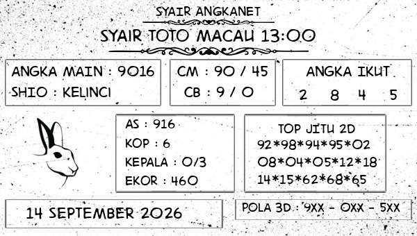 SYAIR ANGKANET - Syair Toto Macau 13:00