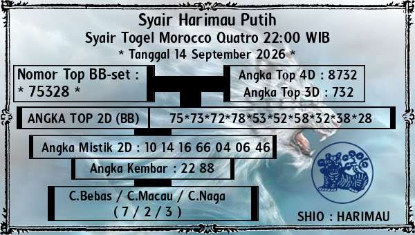 Syair Harimau Putih - Syair Togel Morocco Quatro 22:00 WIB