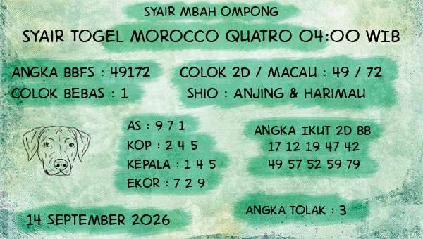 Syair Mbah Ompong - Syair Togel Morocco Quatro 04:00 WIB
