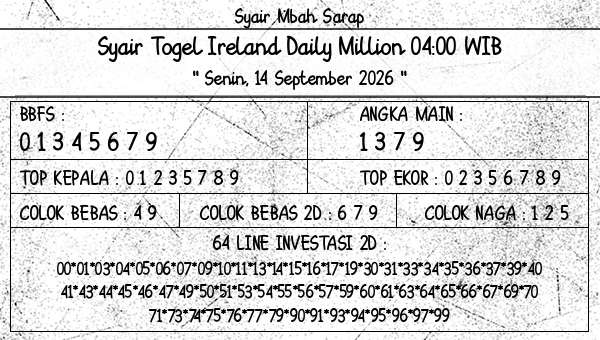 Syair Mbah Sarap - Syair Togel Ireland Daily Million 04:00 WIB