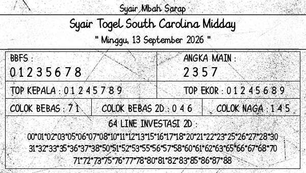 Syair Mbah Sarap - Syair Togel South Carolina Midday