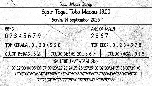 Syair Mbah Sarap - Syair Togel Toto Macau 13:00