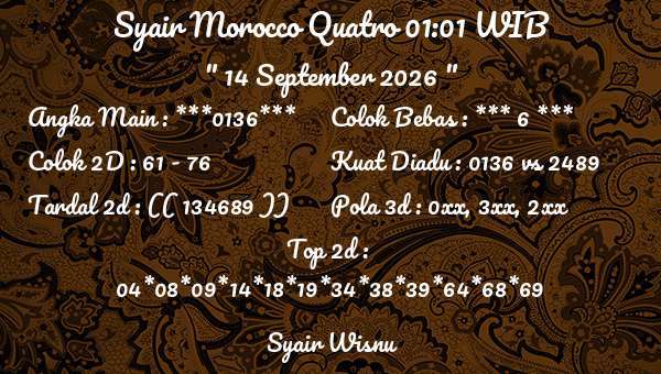 Syair Wisnu - Syair Morocco Quatro 01:01 WIB